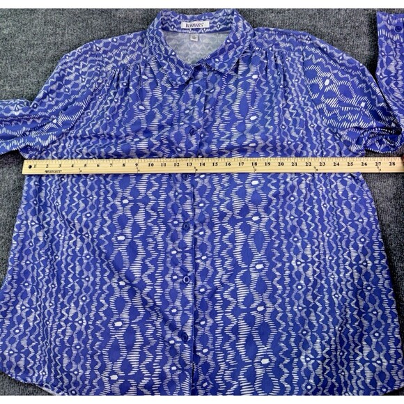 Roaman’s Button Front Blouse 1X Blue White Abstract Print Long Sleeve Plus Size - Picture 2 of 8